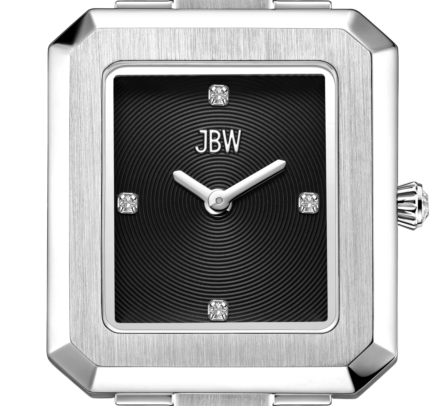 The Arc Single | J6390G by JBW Watches is a sleek rectangular watch with a silver case, black textured face, silver hands, four lab-grown diamond markers at key hours, and the JBW logo below 12—a refined unisex timepiece.