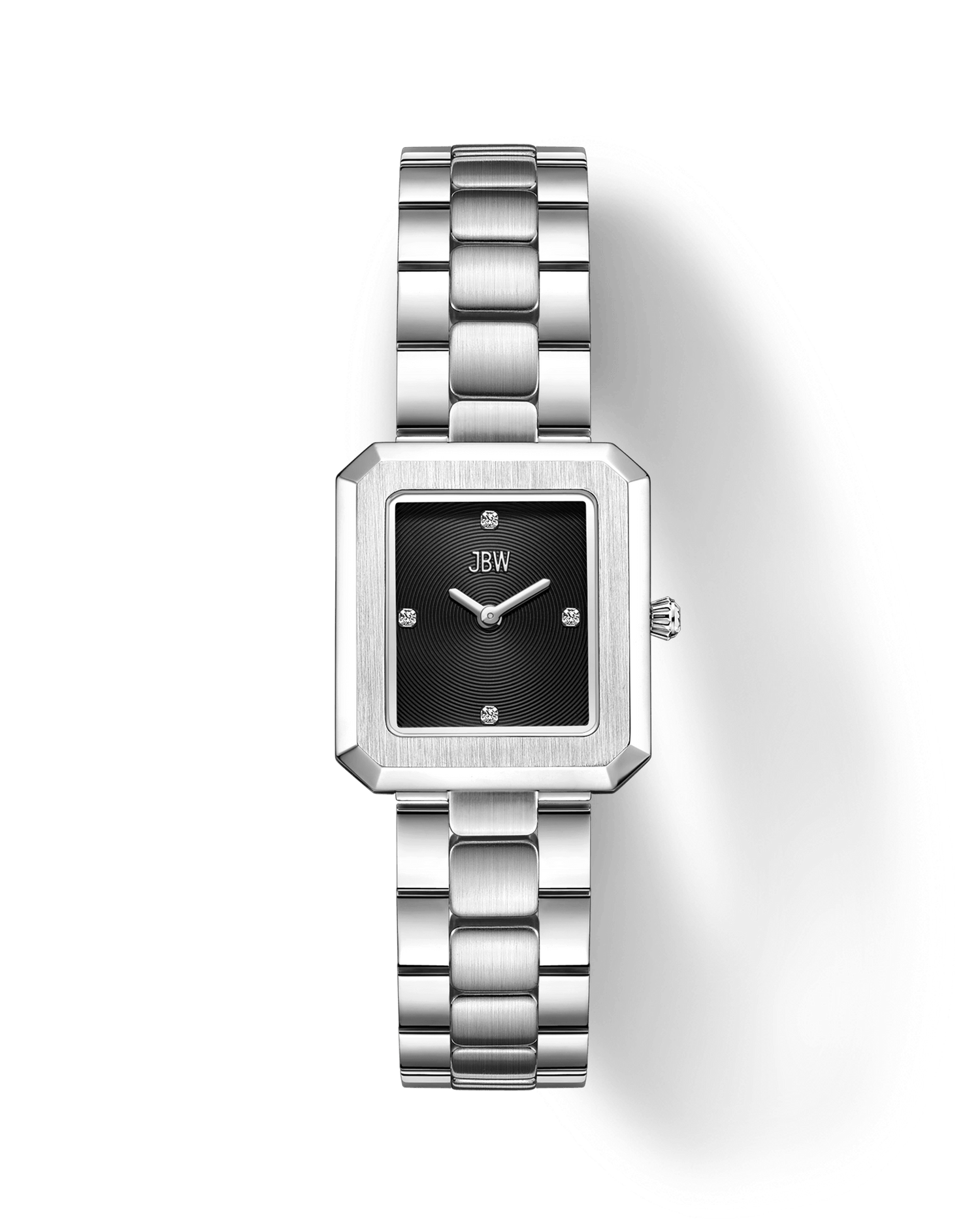 The Arc Single (Sample Sale) | J6390G-GA by JBW Watches is a gender-neutral rectangular watch with a black face, four lab-grown diamond markers, and a silver link band, elegantly displayed on a plain white background.