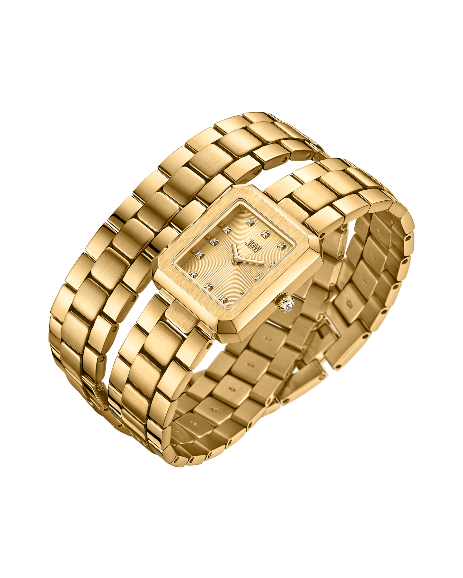 The JBW Watches Arc Double | J6390H is a gold lab-grown diamond watch with a rectangular face, gold bracelet band, and diamond hour markers, elegantly angled to highlight its polished design against a plain white background.