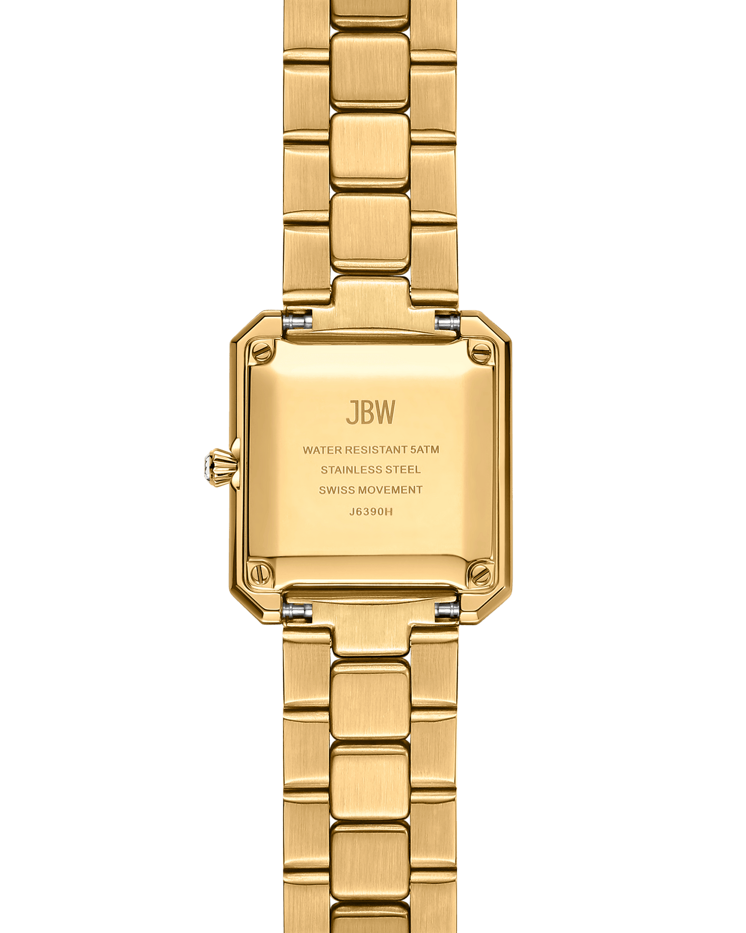 The Arc Double | J6390H by JBW Watches is a gold stainless steel lab-grown diamond watch featuring a rectangular backplate engraved with JBW, WATER RESISTANT 5ATM, STAINLESS STEEL, SWISS MOVEMENT, and serial number J6390H—a refined unisex timepiece.