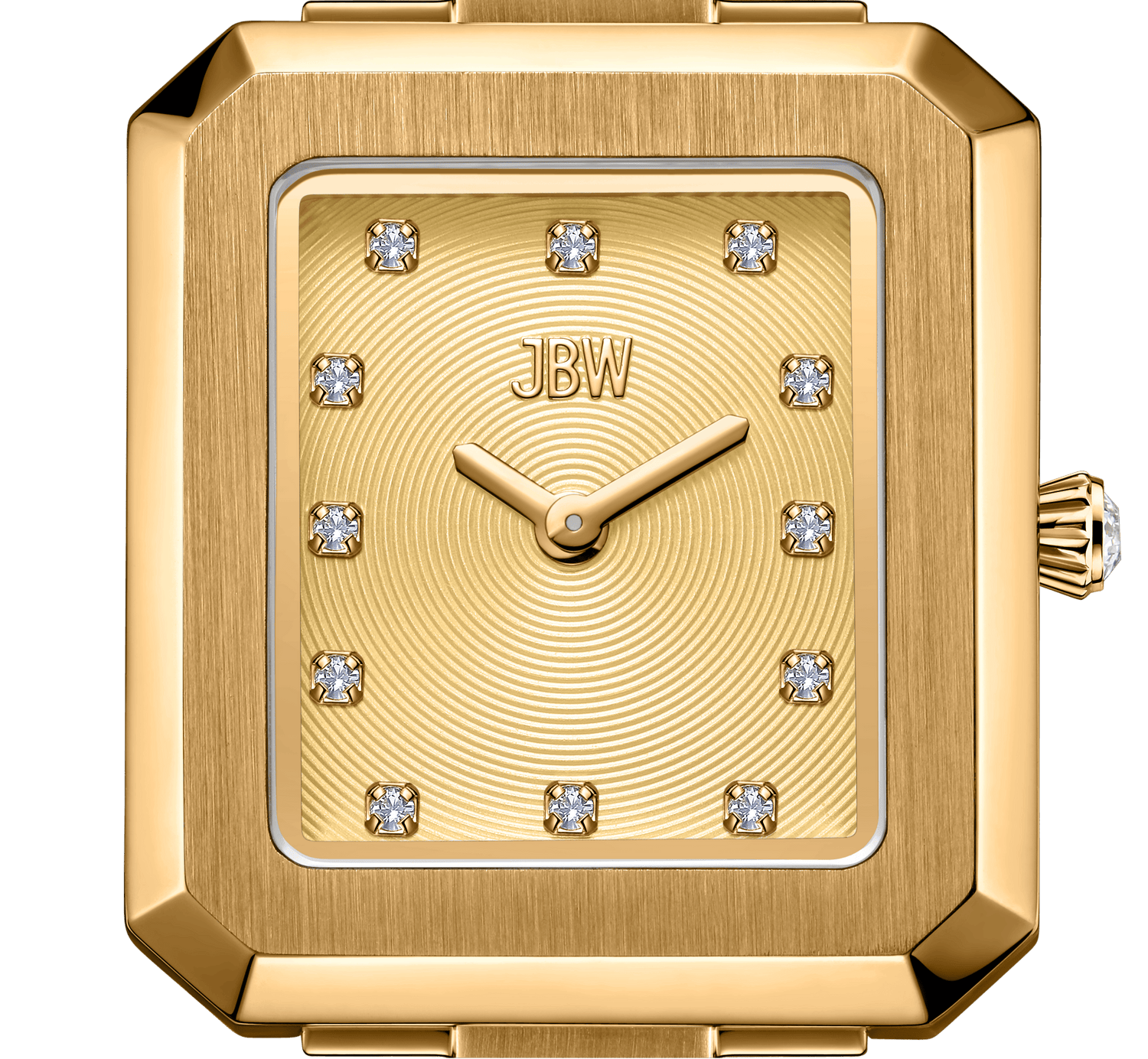 The Arc Double | J6390H by JBW Watches is a rectangular, gold, gender-neutral watch featuring a brushed gold face with twelve lab-grown diamond hour markers, gold hands, engraved branding, and an elegant concentric circle design.