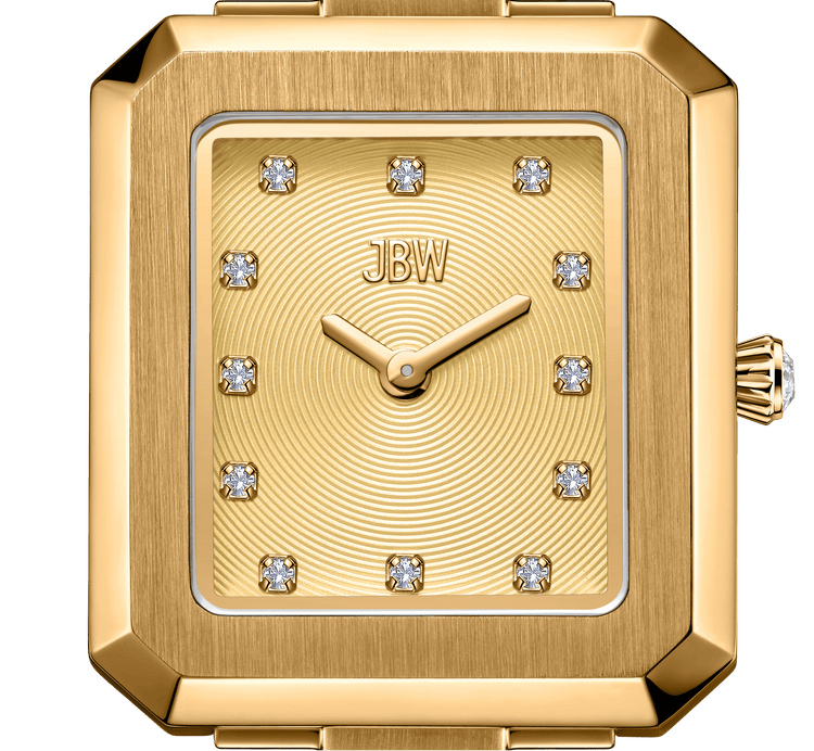 The Arc Double | J6390H by JBW Watches is a rectangular, gold, gender-neutral watch featuring a brushed gold face with twelve lab-grown diamond hour markers, gold hands, engraved branding, and an elegant concentric circle design.