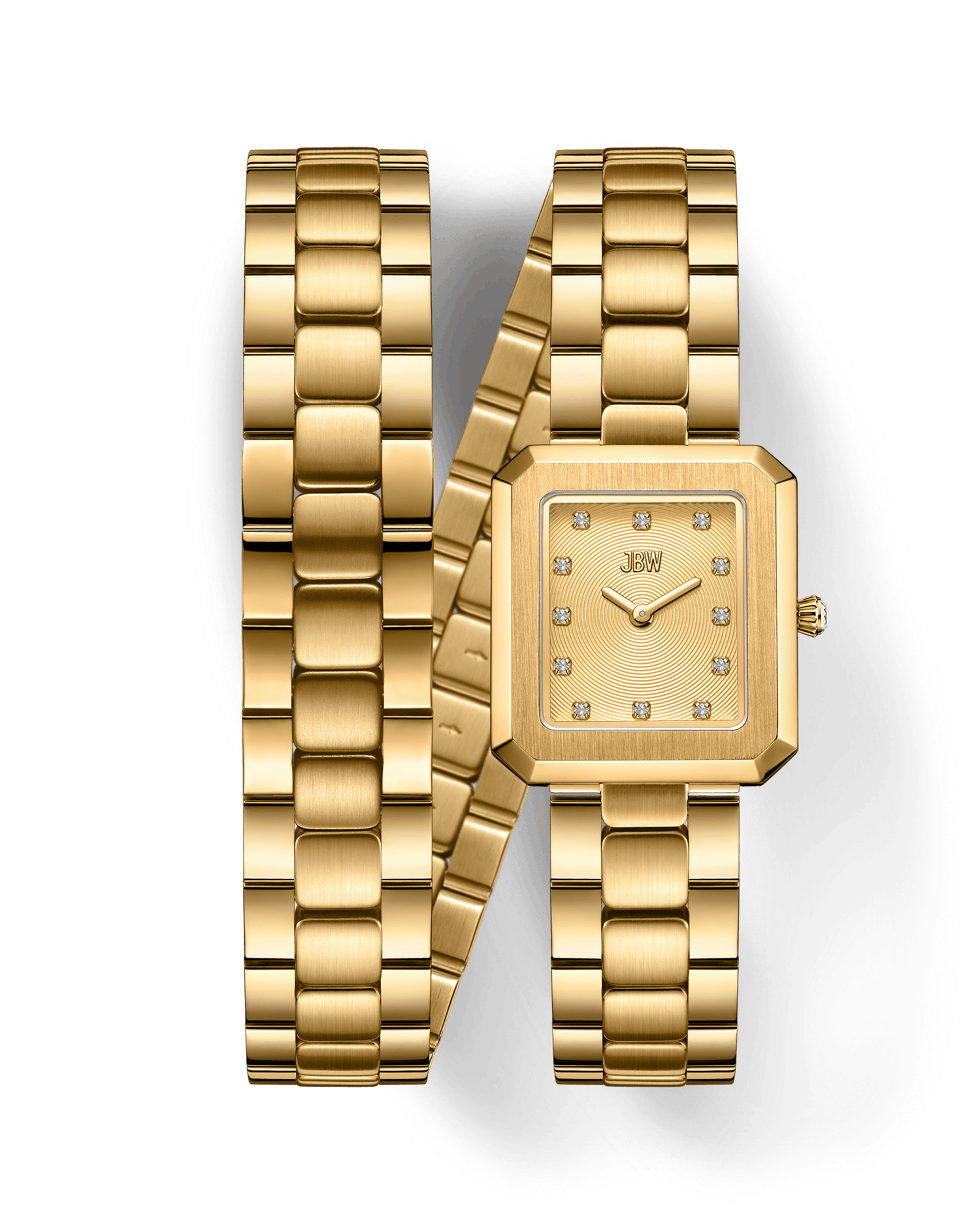 The JBW Watches Arc Double | J6390H is a gold, gender-neutral timepiece with a rectangular face, lab-grown diamond hour markers, and a double-wrap gold link bracelet, shown on a white background.
