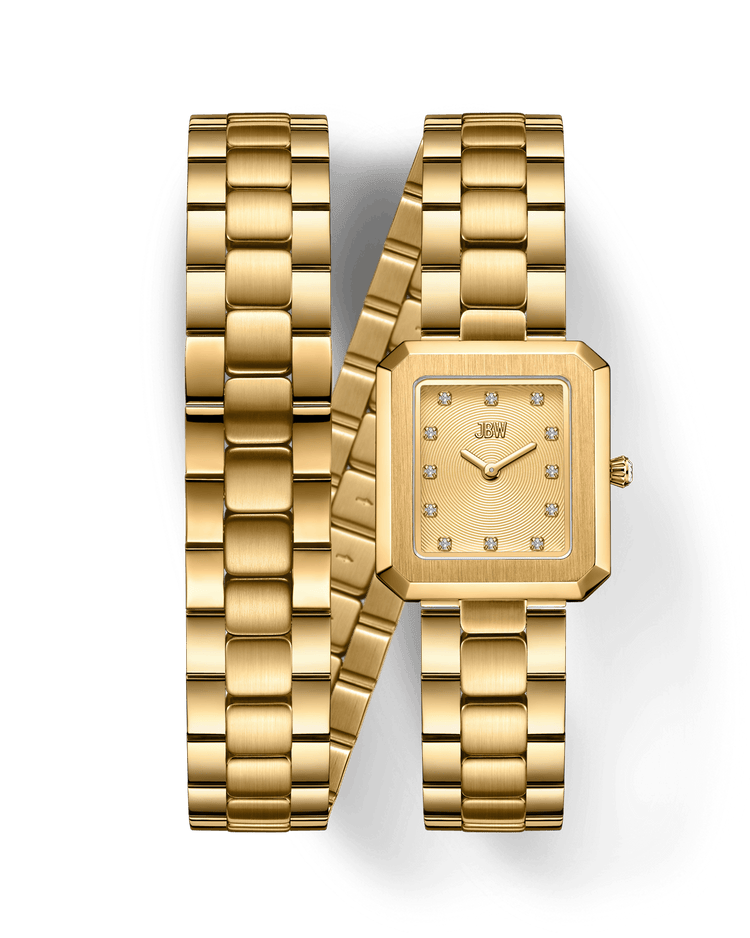 The JBW Watches Arc Double | J6390H is a gold, gender-neutral timepiece with a rectangular face, lab-grown diamond hour markers, and a double-wrap gold link bracelet, shown on a white background.