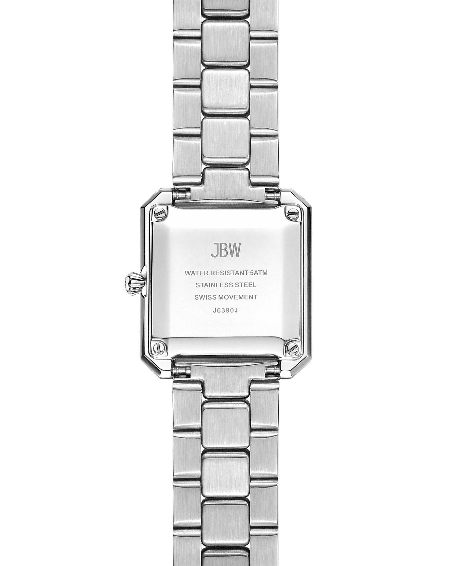 Back view of the Arc Double | J6390J, a silver stainless steel double-wrap watch by JBW Watches, featuring an engraved case with branding, water resistance, Swiss movement, and model number J6390J.