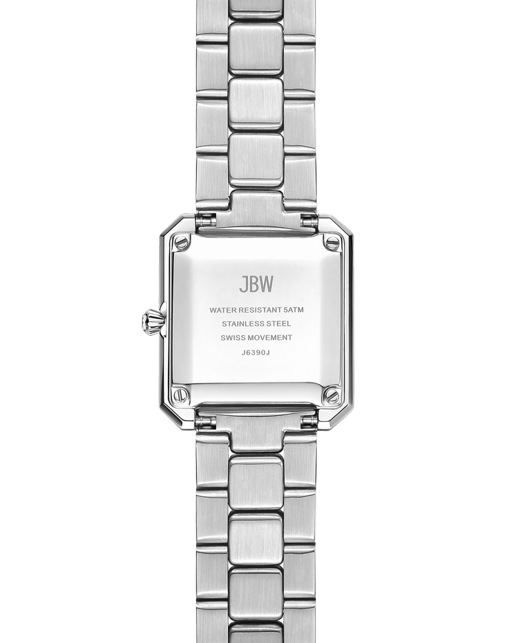 Back view of the Arc Double | J6390J, a silver stainless steel double-wrap watch by JBW Watches, featuring an engraved case with branding, water resistance, Swiss movement, and model number J6390J.