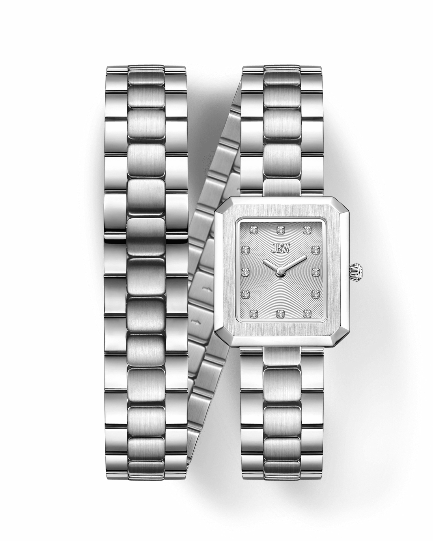 The Arc Double | J6390J by JBW Watches is a silver, square-faced double-wrap watch with a metal link band, jeweled hour markers, and minimalist style—an elegant statement piece against a black background.