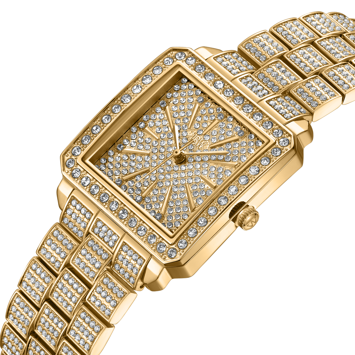 Gold watch with diamond-studded face and band on a white background