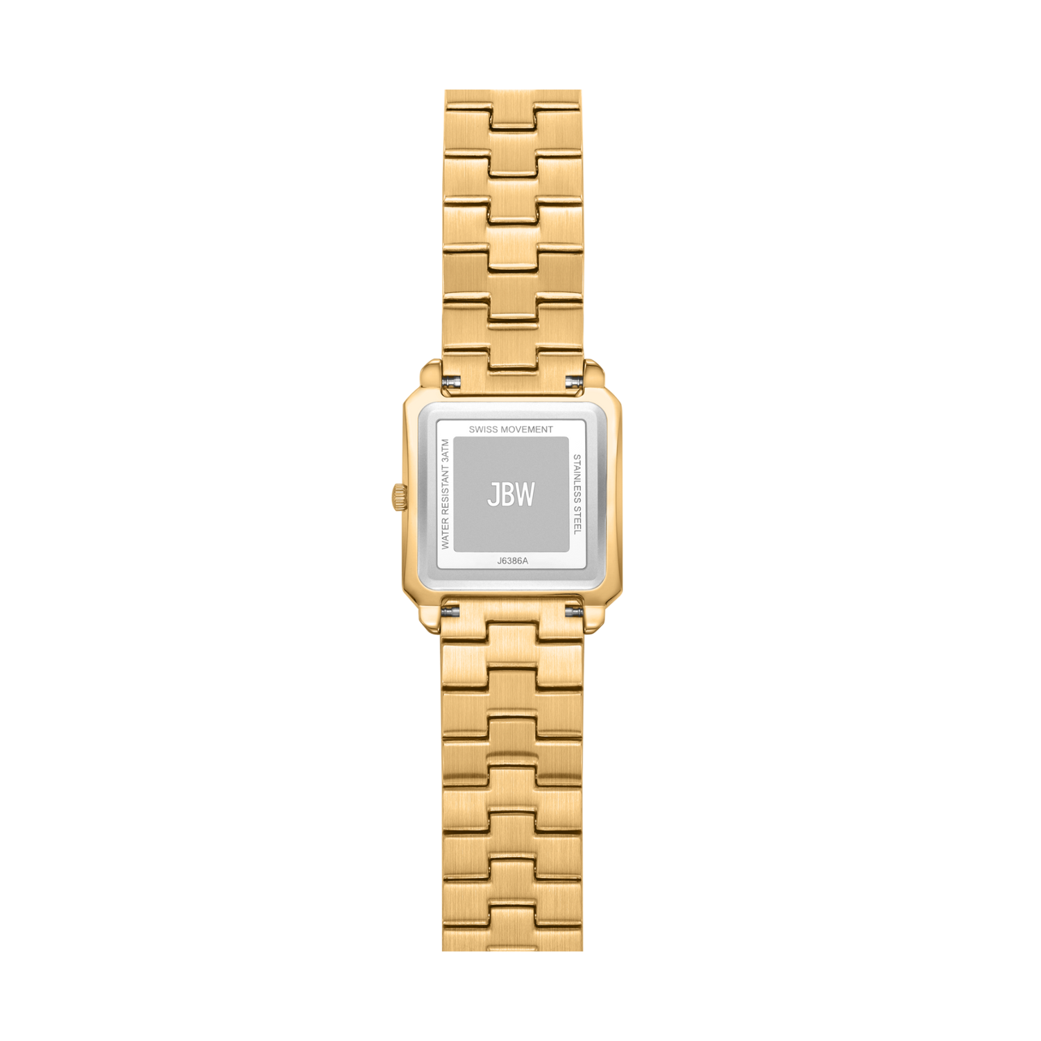 Gold watch with a square face displaying 'JBW' on a white background