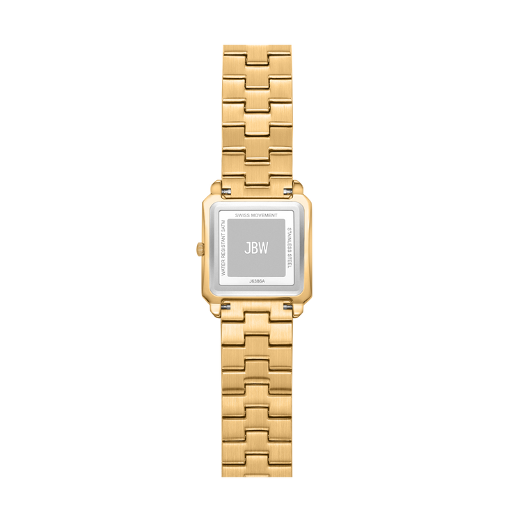 Gold watch with a square face displaying 'JBW' on a white background