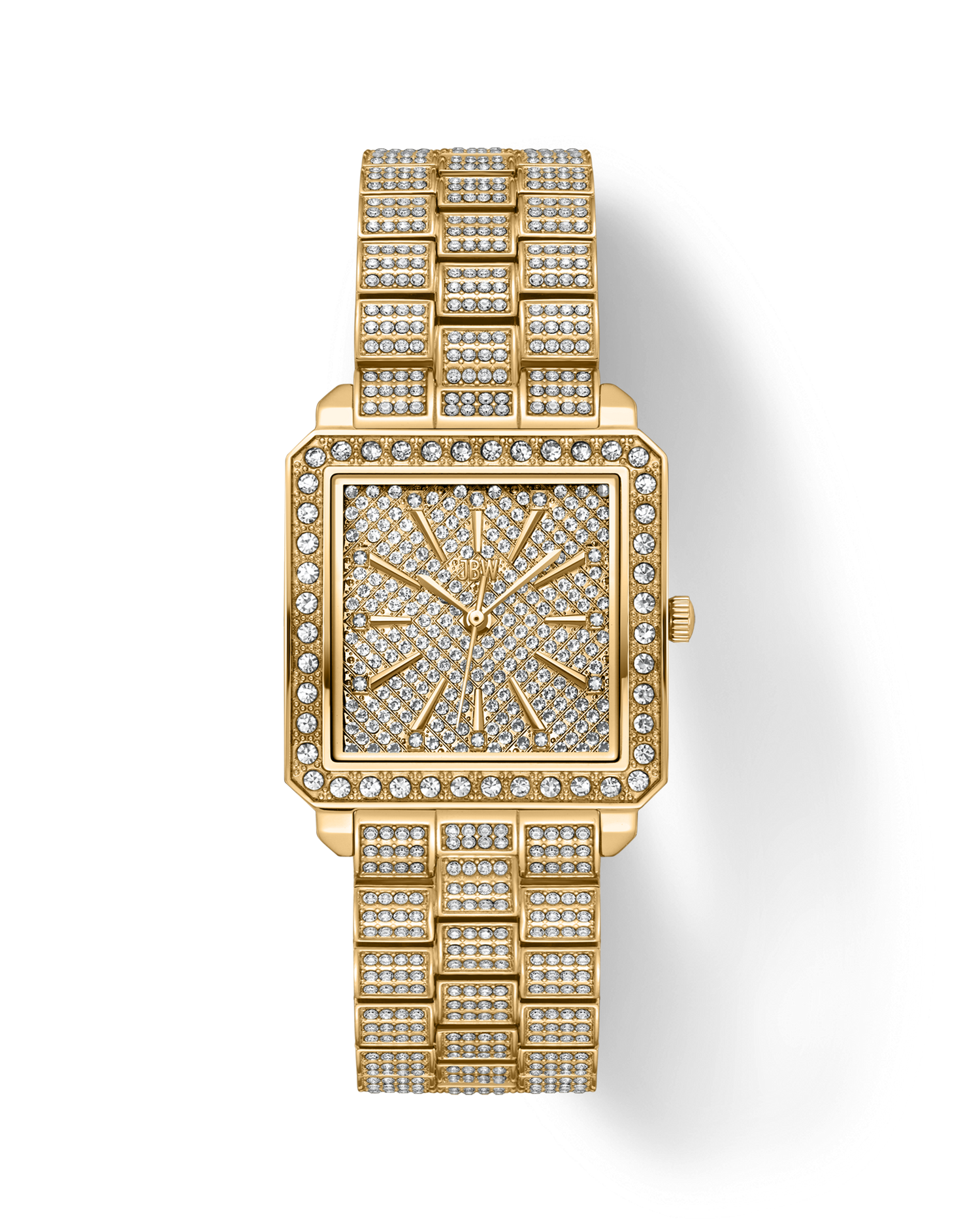 Gold watch with diamond-studded band on a white background