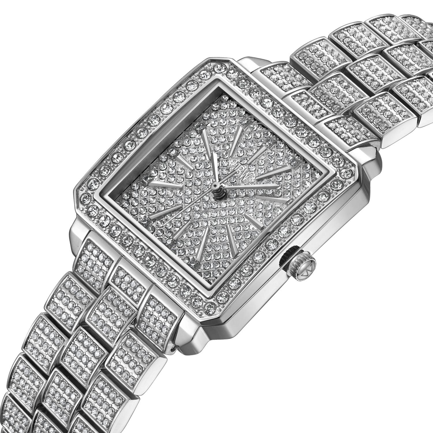 Silver watch with diamond-studded band on a white background
