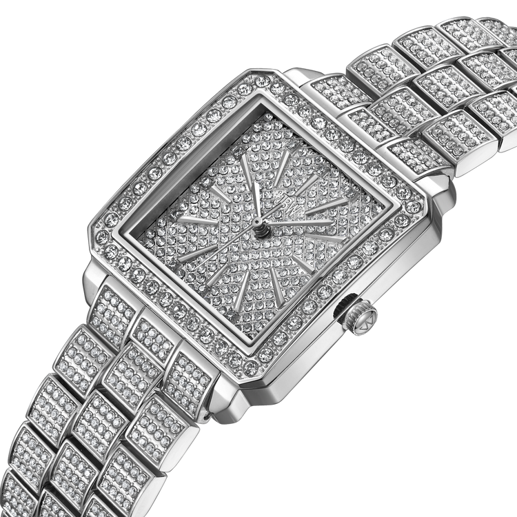 Silver watch with diamond-studded band on a white background
