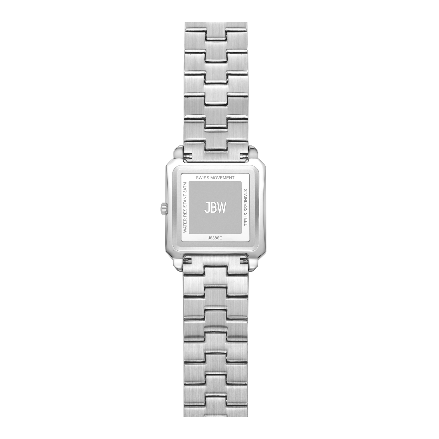 A silver stainless steel analog watch with a rectangular case and a matching link bracelet, shown against a plain white background.
