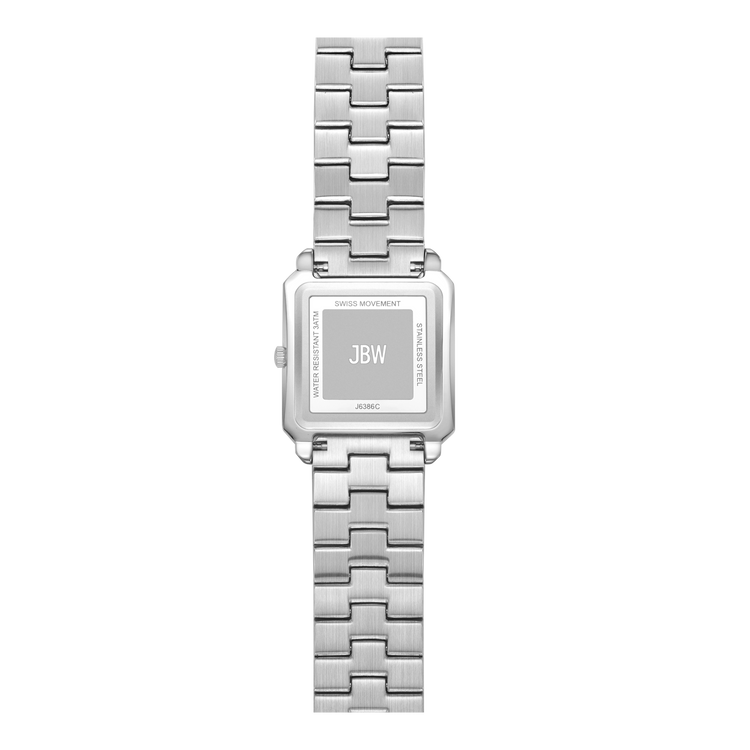 A silver stainless steel analog watch with a rectangular case and a matching link bracelet, shown against a plain white background.