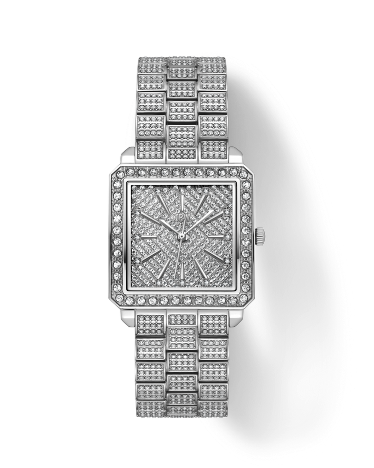 Silver watch with intricate design on a white background