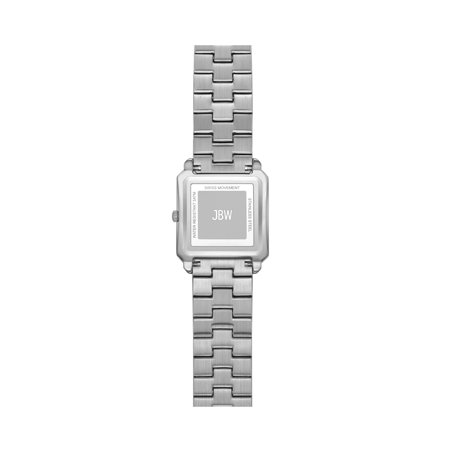 A silver stainless steel watch with a rectangular case and a matching link bracelet, shown from the back on a plain white background. The back of the case features a clear window displaying the inner dial with the initials 'JBW' printed in white.