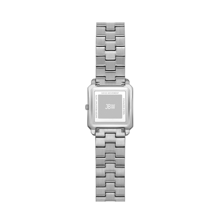A silver stainless steel watch with a rectangular case and a matching link bracelet, shown from the back on a plain white background. The back of the case features a clear window displaying the inner dial with the initials 'JBW' printed in white.