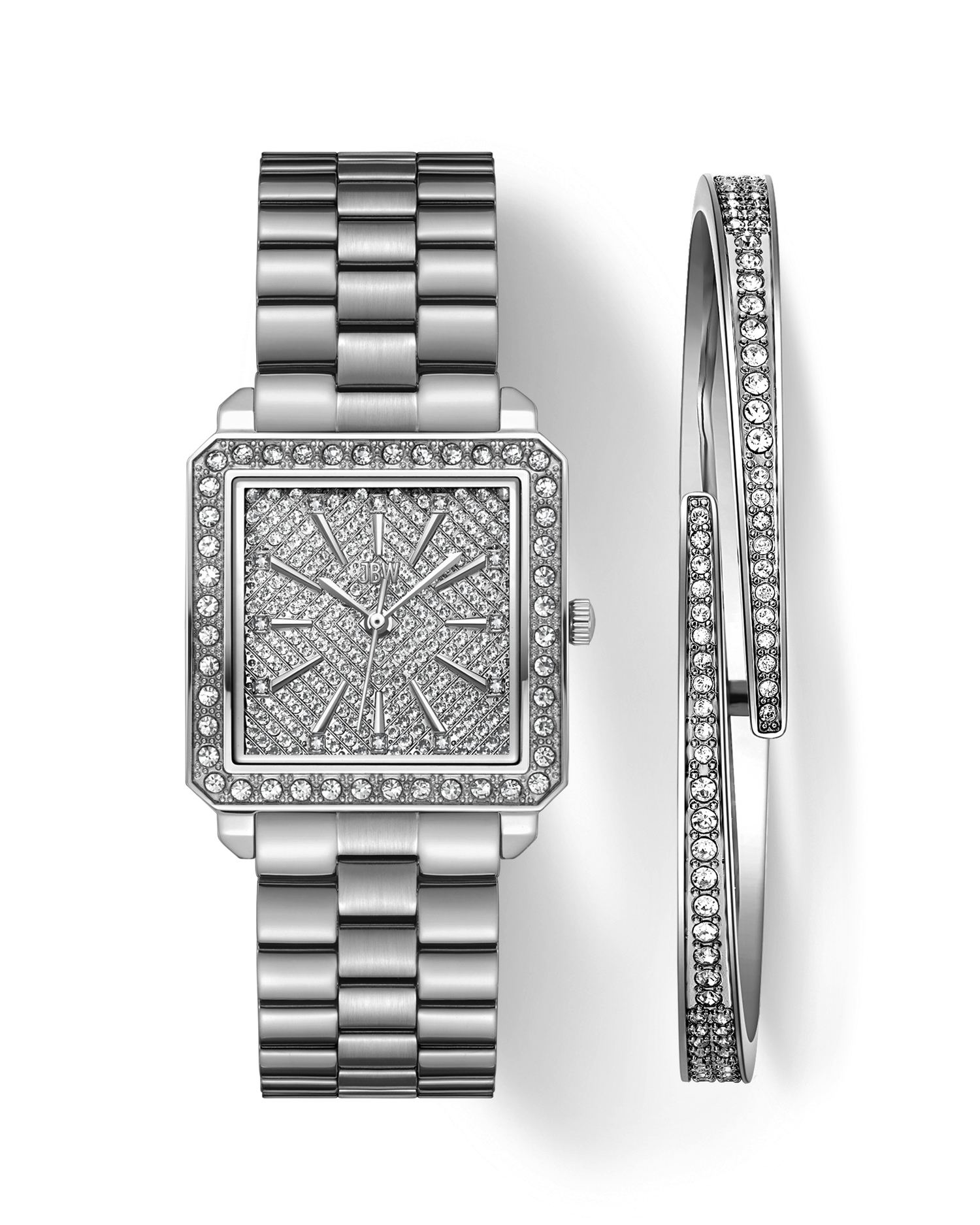 Silver watch with diamond-studded face and bracelet on a white background
