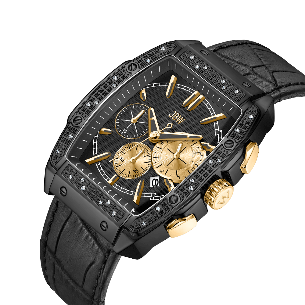 The JBW Echelon | J6379A is a luxury black diamond chronograph with a rectangular tonneau case, gold accents, black leather strap, three subdials, and diamond bezel, beautifully showcasing the JBW brand on its dial.