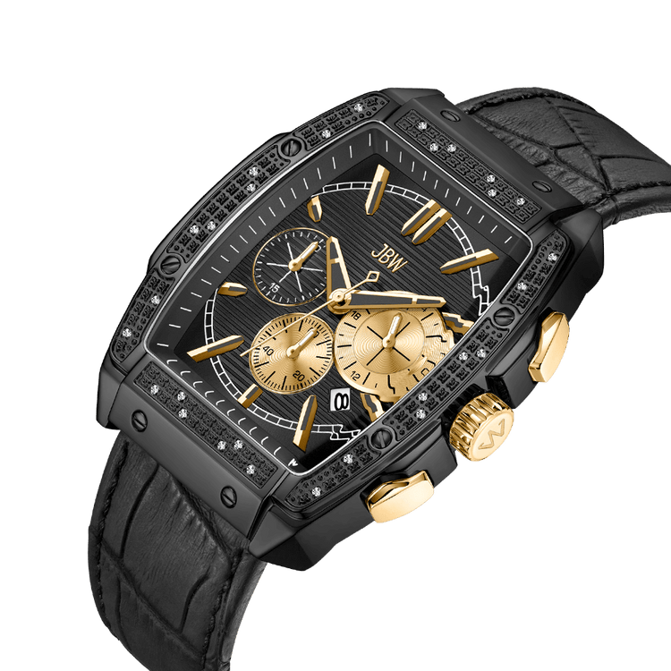The JBW Echelon | J6379A is a luxury black diamond chronograph with a rectangular tonneau case, gold accents, black leather strap, three subdials, and diamond bezel, beautifully showcasing the JBW brand on its dial.