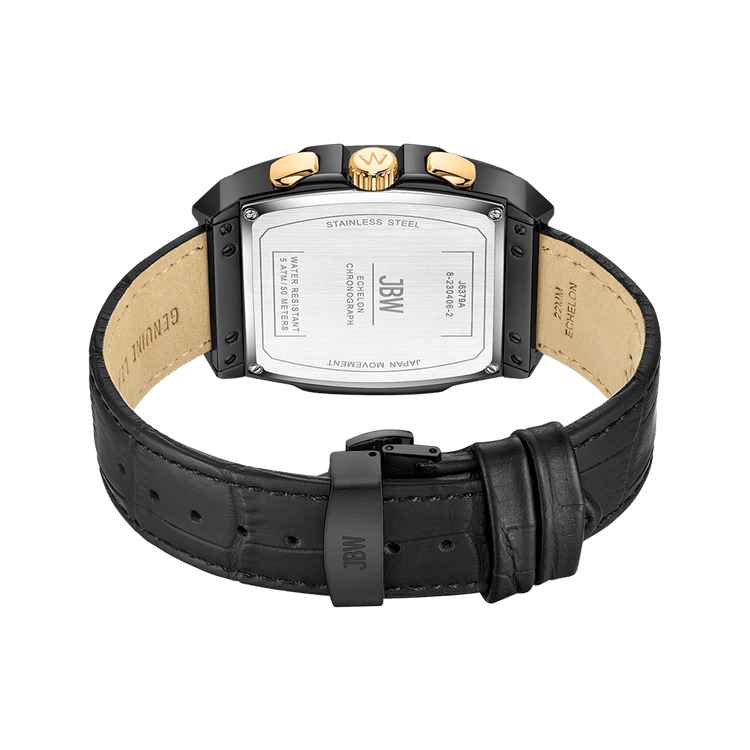 The JBW Echelon | J6379A is a black leather watch featuring a tonneau case, stainless steel back with engraved branding, gold and black accents, and a textured strap stamped GENUINE and JAPAN for authenticity.