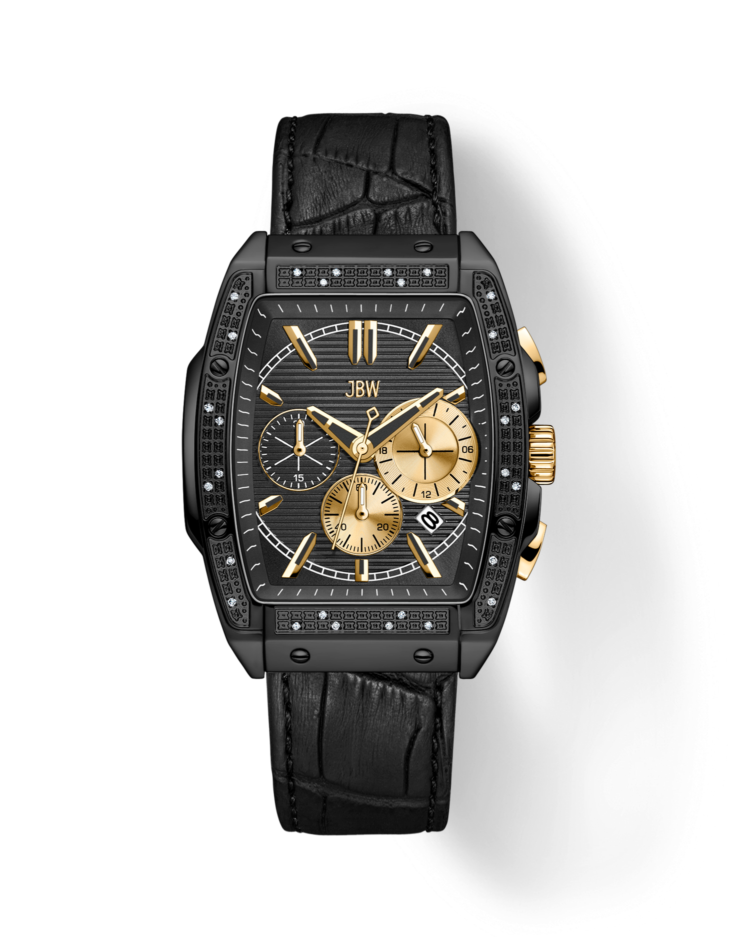The JBW Echelon | J6379A, a luxury two-tone gold diamond chronograph watch with a rectangular face, three subdials, diamond accents, and a black textured leather strap, is shown against a plain white background.