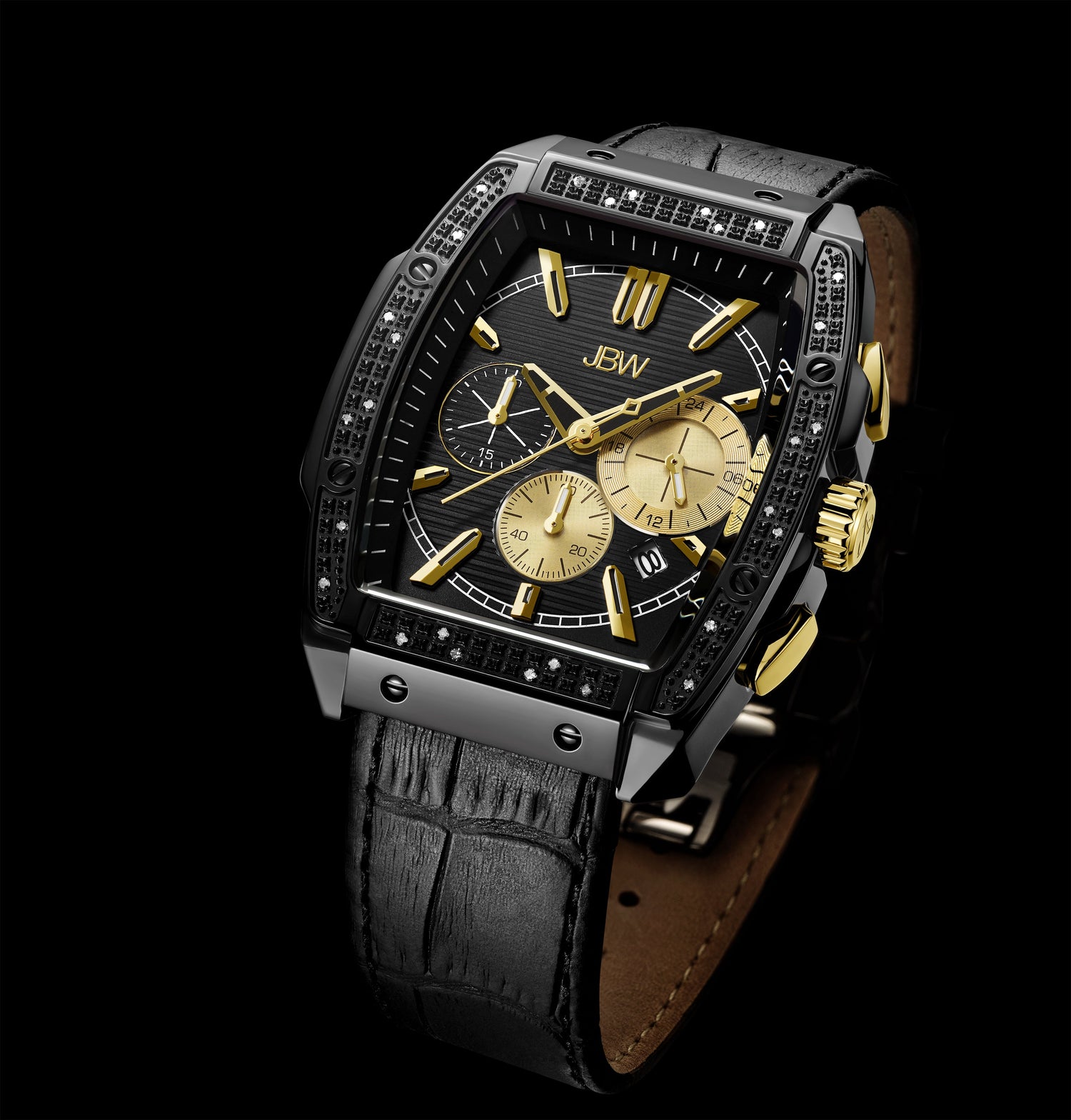 A luxury chronograph watch with a black rectangular case, gold-tone details, a black dial with gold sub-dials, and a black crocodile-embossed leather strap, shown on a solid black background.