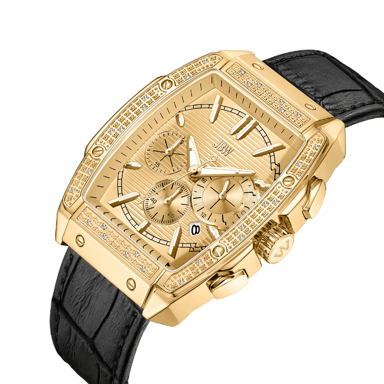 The JBW Echelon | J6379E is a gold-plated stainless steel luxury watch featuring a rectangular face, diamond accents, three subdials, and a black embossed leather band, shown on a plain white background.