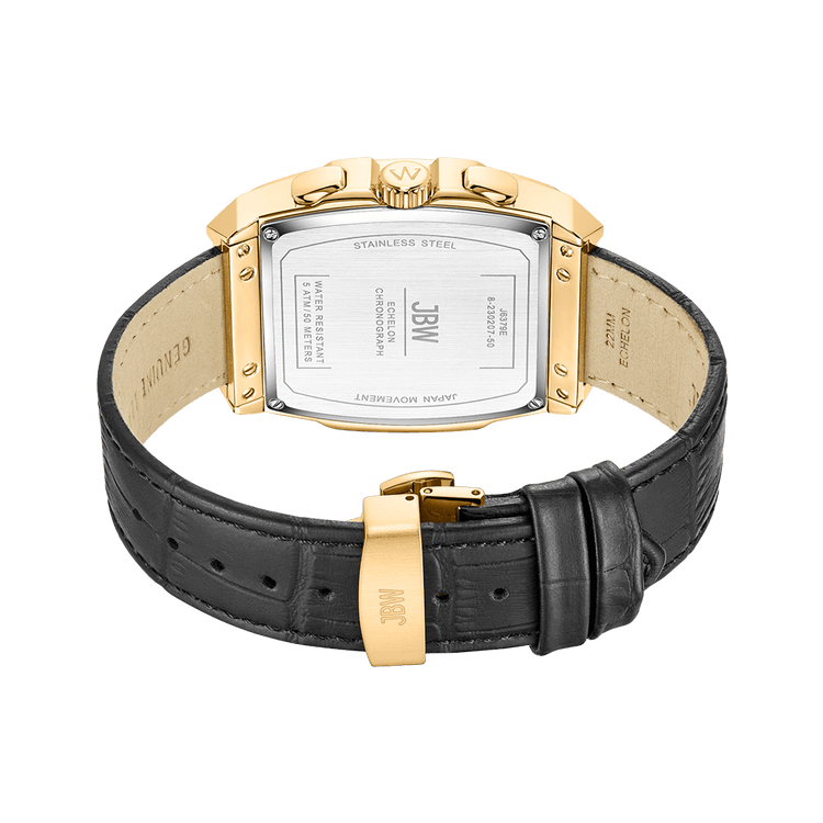The JBW Echelon | J6379E gold-plated stainless steel watch features a rectangular case and embossed leather band. Shown from the back, inscriptions such as STAINLESS STEEL and JAPAN MOVEMENT are visible on the metal case back.
