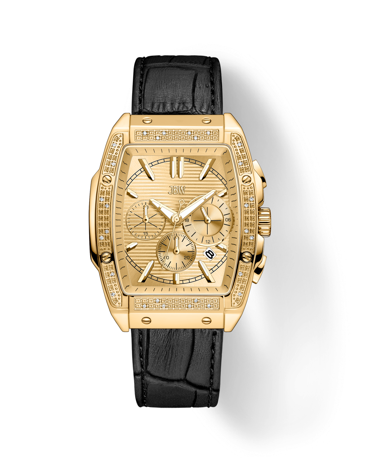 The JBW Echelon | J6379E is a gold-plated stainless steel square chronograph watch with a diamond-accented bezel, textured gold dial, three subdials, date at 4 o’clock, and an embossed leather band, shown on a plain white background.