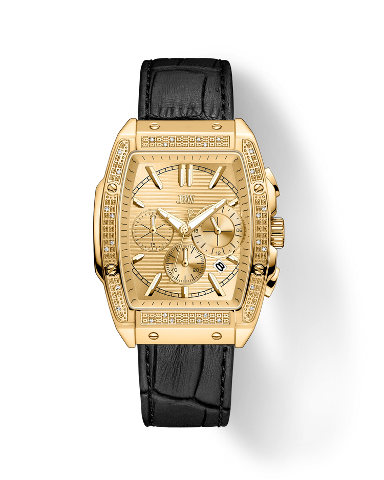 The JBW Echelon | J6379E is a gold-plated stainless steel square chronograph watch with a diamond-accented bezel, textured gold dial, three subdials, date at 4 o’clock, and an embossed leather band, shown on a plain white background.