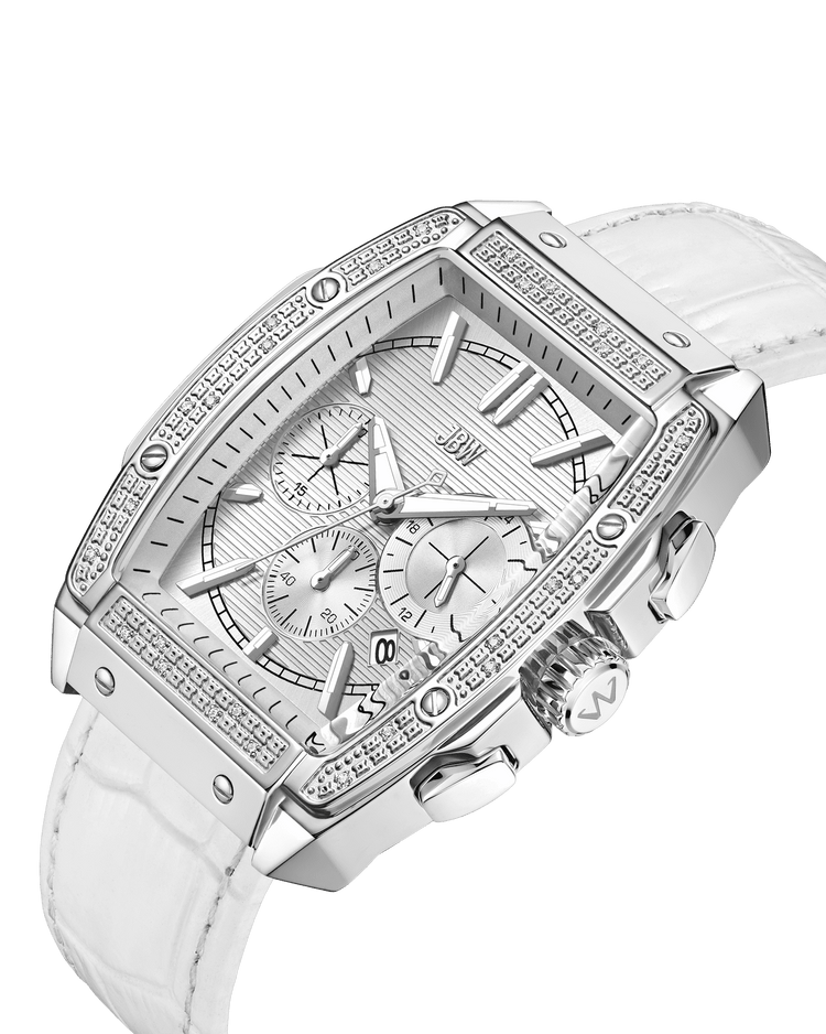 The JBW Watches Echelon | J6379G features a silver-tone stainless steel rectangular case, white leather strap, diamond-studded bezel, three chronograph subdials, date display, and prominent crown against a plain white background.