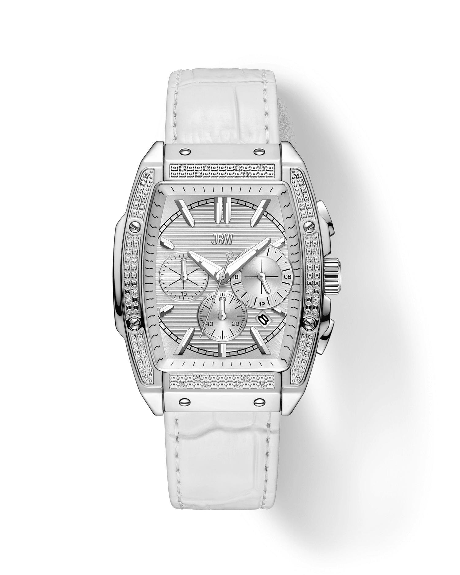 The JBW Watches Echelon | J6379G is a luxury watch featuring a rectangular face with three subdials, silver accents, a white leather strap, stainless steel bezel with embedded crystals, and a plain white background.