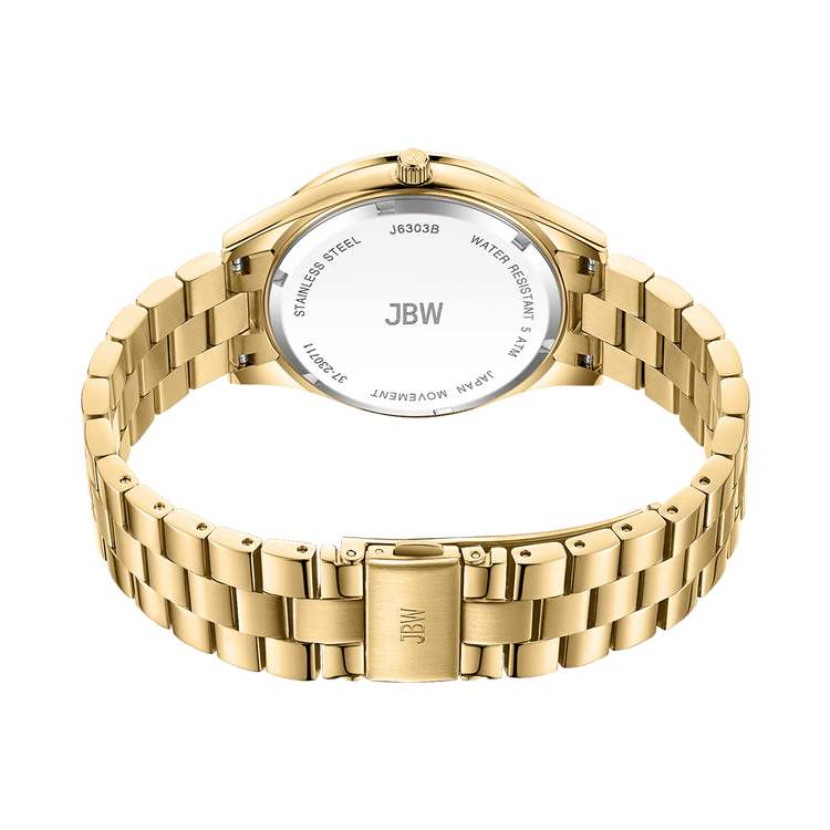 The JBW Mondrian | J6303B wristwatch is shown from the back, featuring a stainless steel case, engraved details, and an open metal link band with an 18K gold-plated finish. The JBW logo appears on both the clasp and case back.
