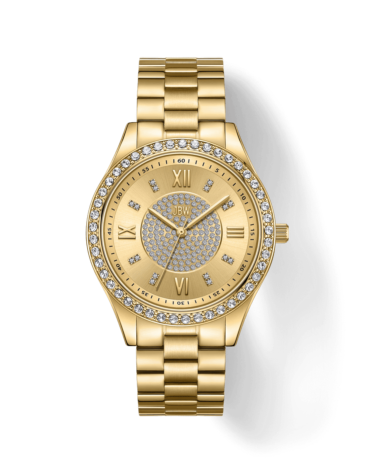 The JBW Mondrian | J6303B is an 18K gold-plated watch with a metal link band, round face, and Roman numerals. Its crystal-accented bezel and dial add elegance and luxury, perfect for everyday sophistication.