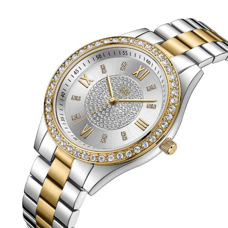 The JBW Mondrian | J6303G is a luxury Swiss movement watch with a silver and gold-plated band, round face, gold Roman numerals, diamond hour markers, and a crystal-encrusted bezel over a textured, crystal-studded dial.