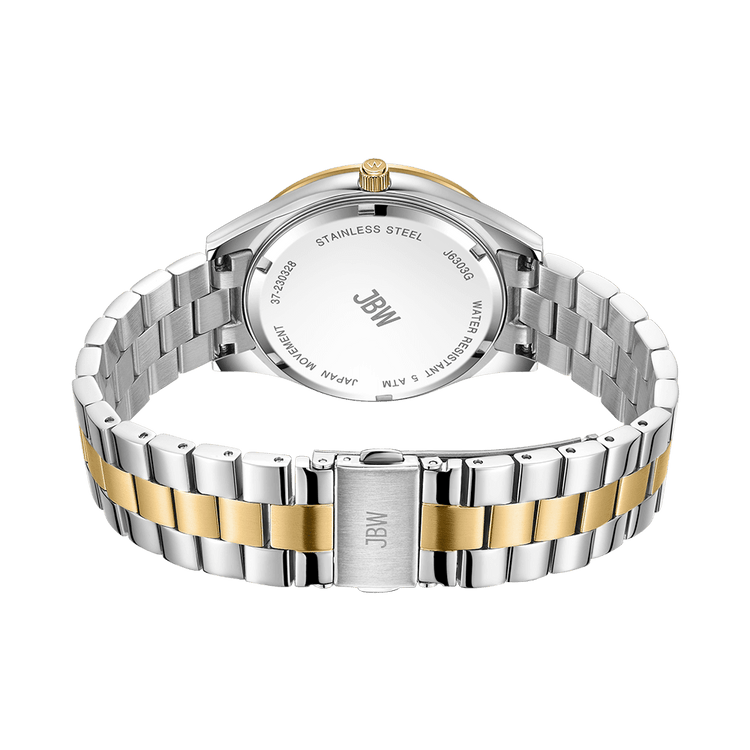 A close-up of the JBW Mondrian | J6303G shows its two-tone silver and gold-plated stainless steel band, engraved case back details, and the JBW logo on the clasp.