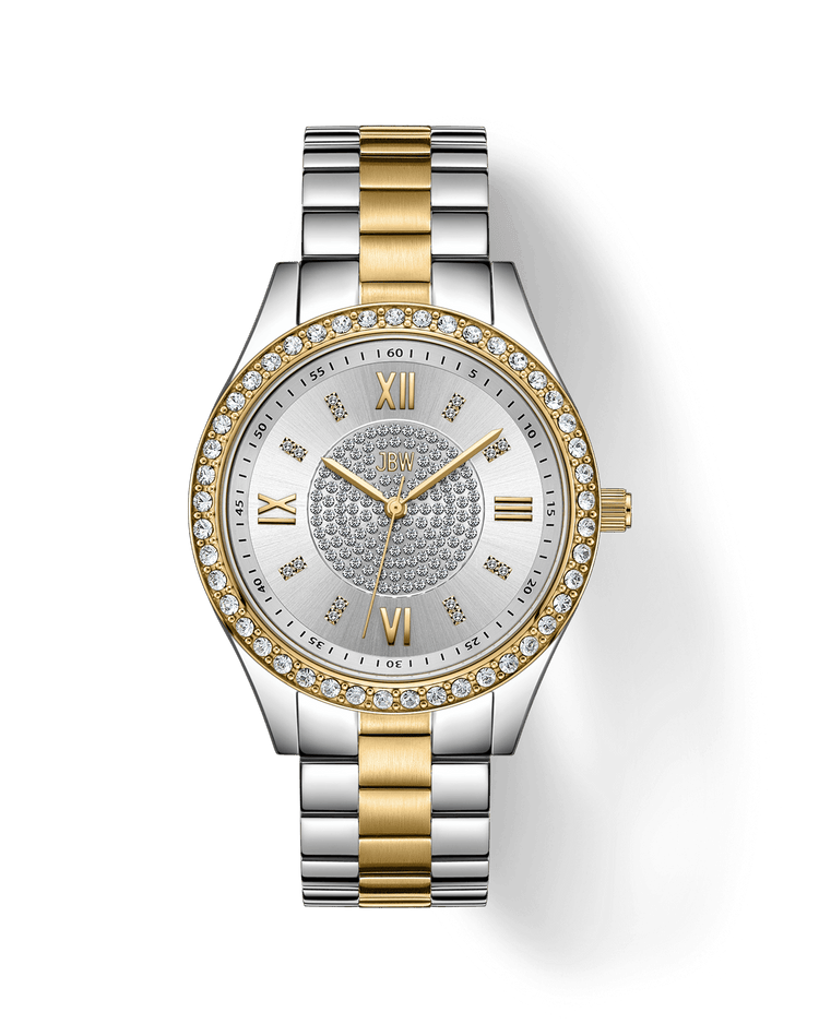 The JBW Mondrian | J6303G is a luxury Swiss movement watch with a round face, Roman numerals, diamond hour markers, and a two-tone gold-plated stainless steel band. The dial features central crystal clusters for extra sparkle.