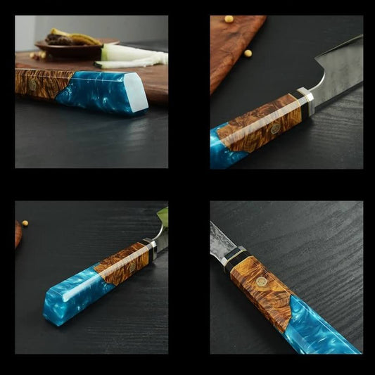 Sakao Damascus kitchen knife with wooden handle and branded packaging on a white background
