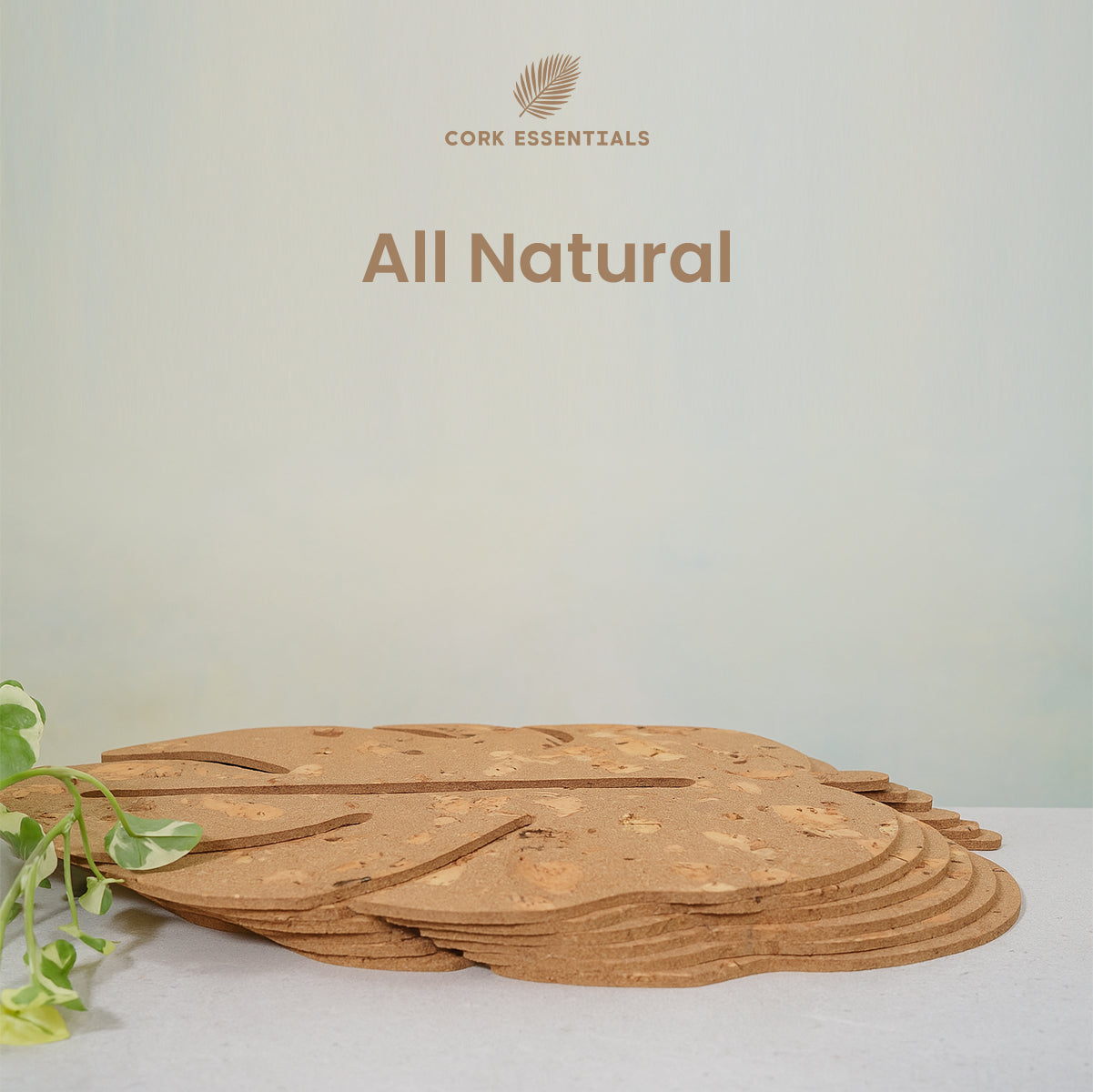 Stack of cork coasters with 'Cork Essentials' branding on a light background