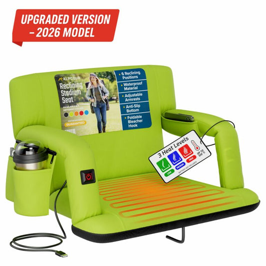 Black heated stadium seat with digital display and cup holder on a white background