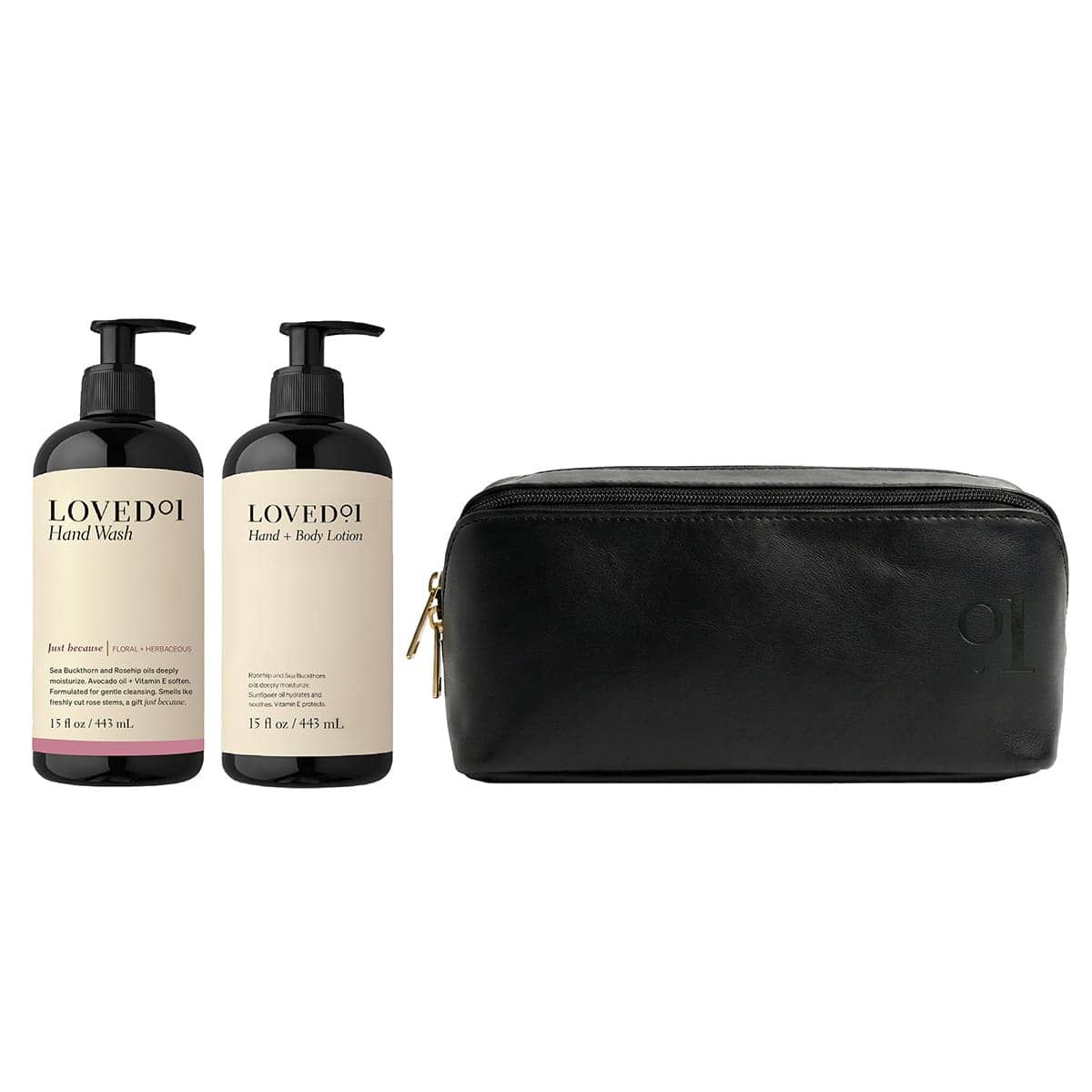 Two bottles of 'Loved' hand wash and lotion with a black pouch on a white background