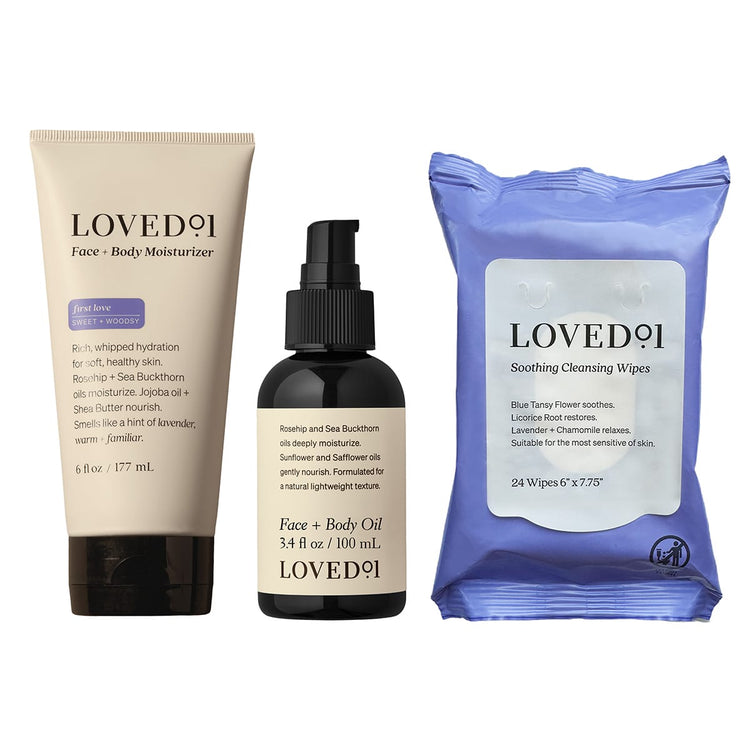 Lovedoi skincare products including moisturizer, oil, and wipes on a white background