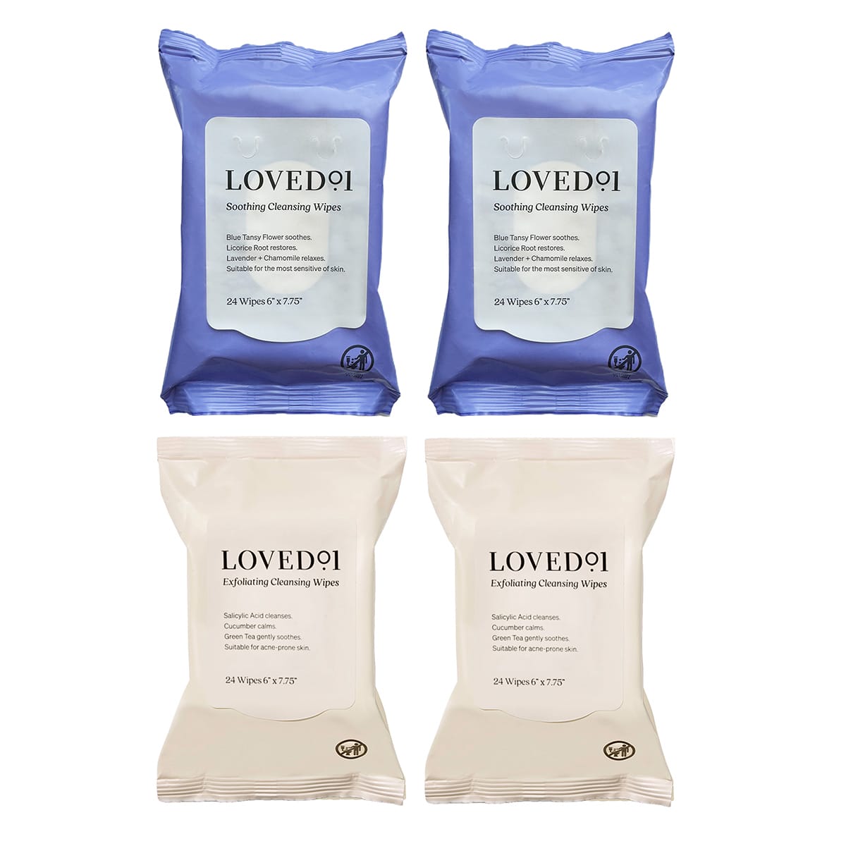 Four packs of LOVED91 cleansing wipes on a white background