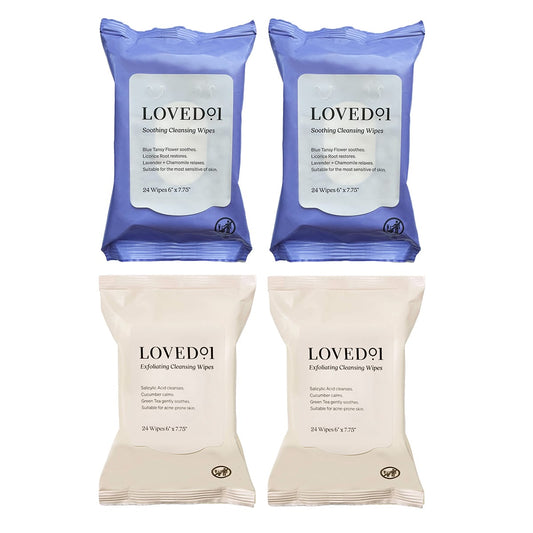 Four packs of LOVED91 cleansing wipes on a white background