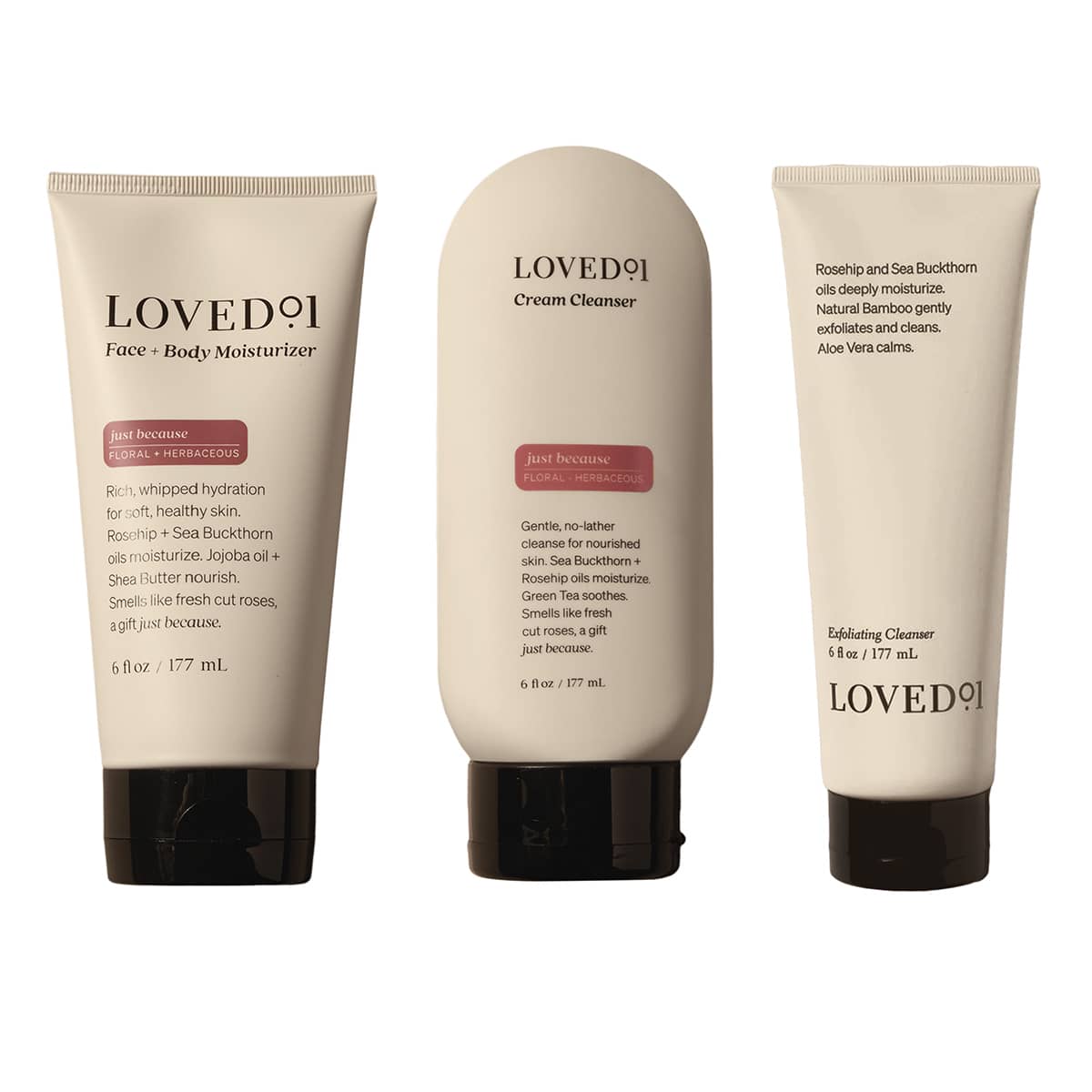 Three tubes of LOVEDOI skincare products on a white background