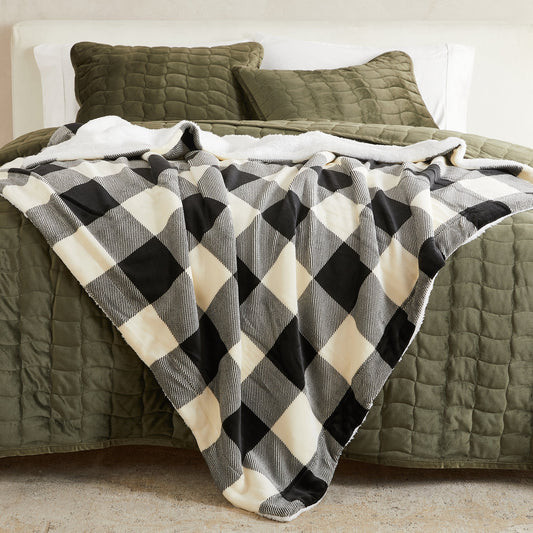 Ultra-Soft Velvet Plush Reversible Sherpa Fleece Blanket - Black/White (Throw)