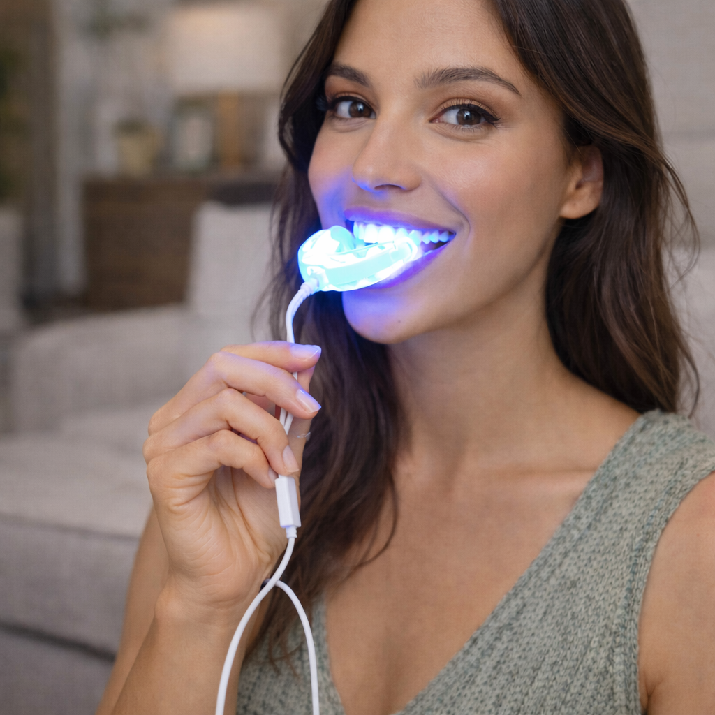 Woman using a teeth whitening device in a living room setting