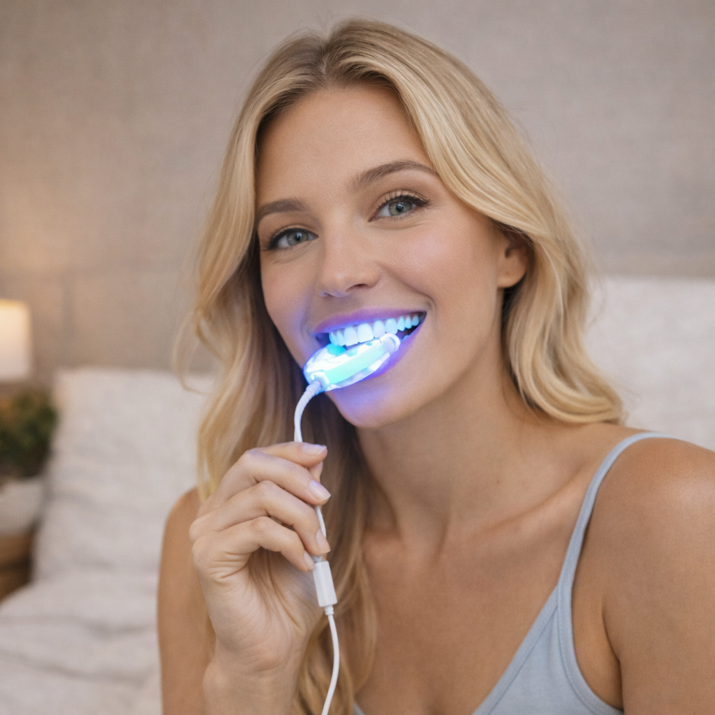 Woman using a teeth whitening device with a blurred indoor background